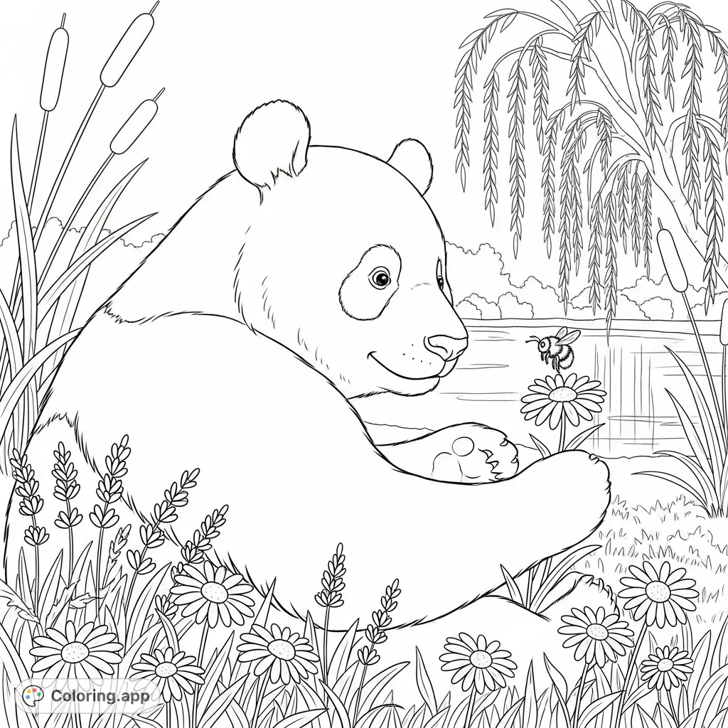 Discover a charming panda playing with a bumblebee in a serene garden. This delightful scene features lush flowers, a shimmering pond, and a graceful willow.