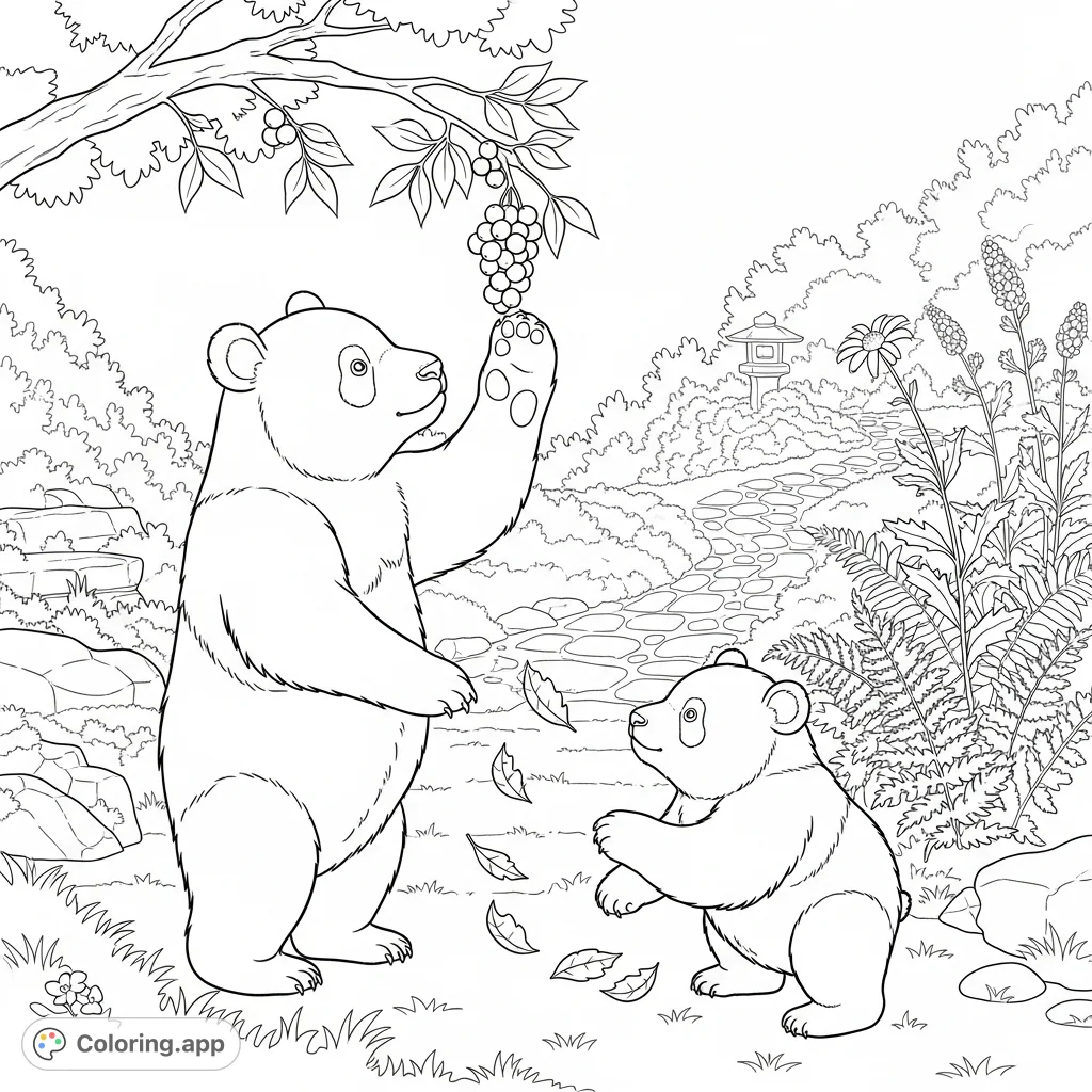 Discover a charming panda coloring page featuring an adult panda reaching for berries and a cub playing with leaves in a serene, sun-dappled garden.