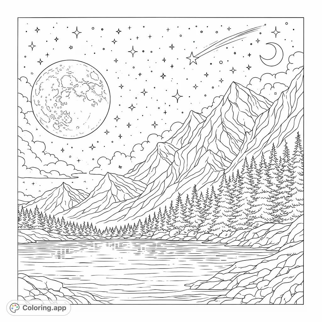 Explore a detailed mountain landscape under a celestial sky, featuring craggy peaks, dense forests, a serene lake, and a grand moon with stars. Free printable coloring page.