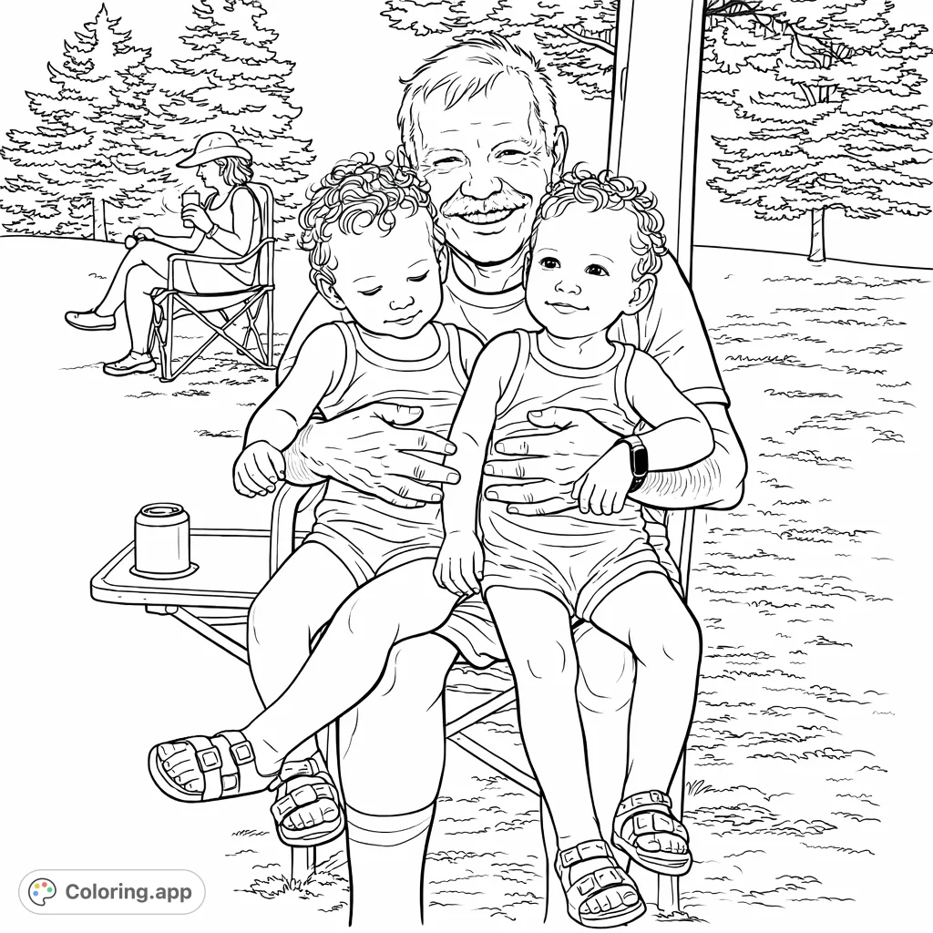 An endearing scene of a grandparent embracing two joyful twins outdoors, surrounded by nature. Perfect for celebrating family bonds and precious moments.