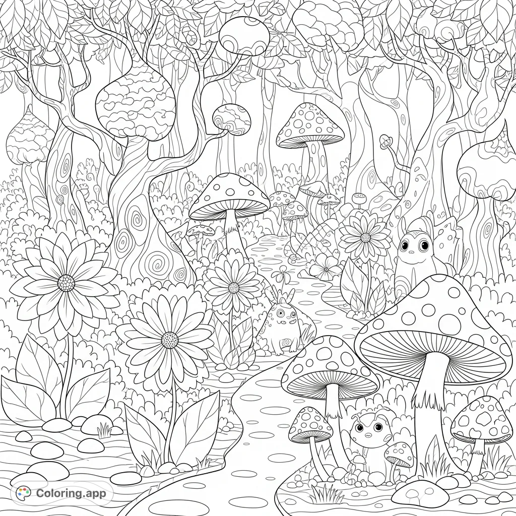 Explore a fantastical cartoon forest filled with whimsical trees, giant mushrooms, and playful creatures. A delightful and imaginative coloring experience awaits!