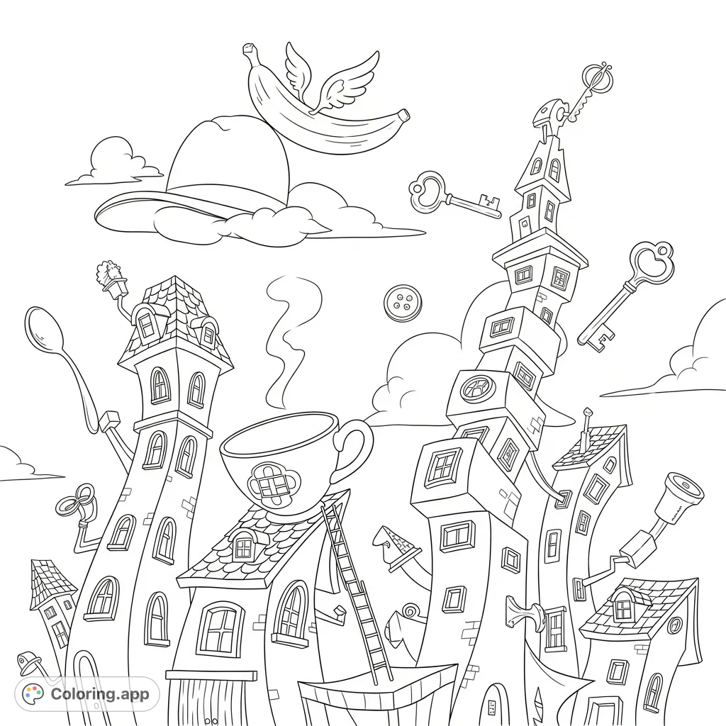 Explore a whimsical cartoon cityscape with gravity-defying buildings and absurd, oversized everyday items, inviting imaginative coloring.