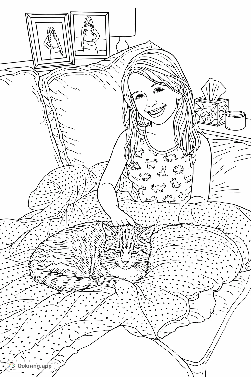 A heartwarming scene featuring a smiling girl and her peacefully sleeping cat nestled together on a sofa under a patterned blanket, perfect for a cozy coloring session.