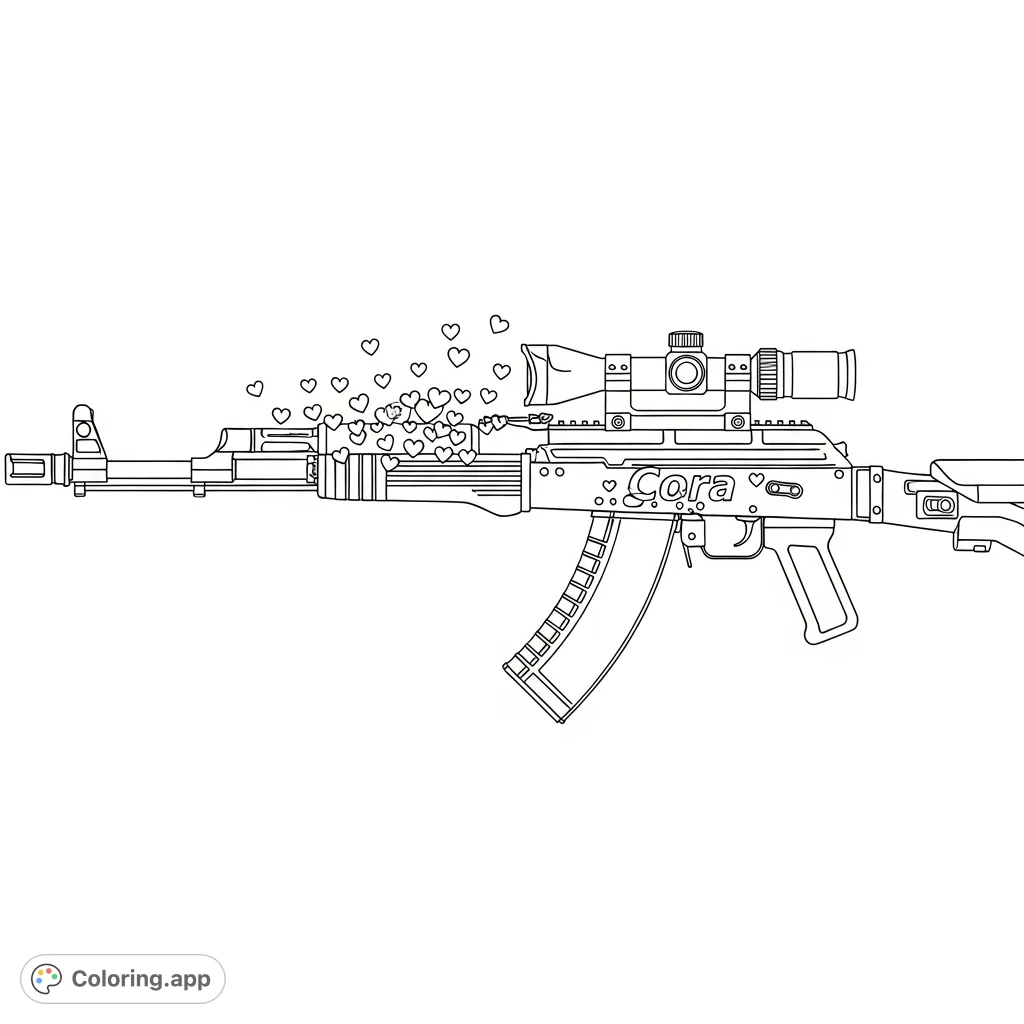 Detailed AK-74 Warzone build featuring the name 'Cora' amidst playful hearts. A complex AK-74 Warzone coloring page for adult colorists.
