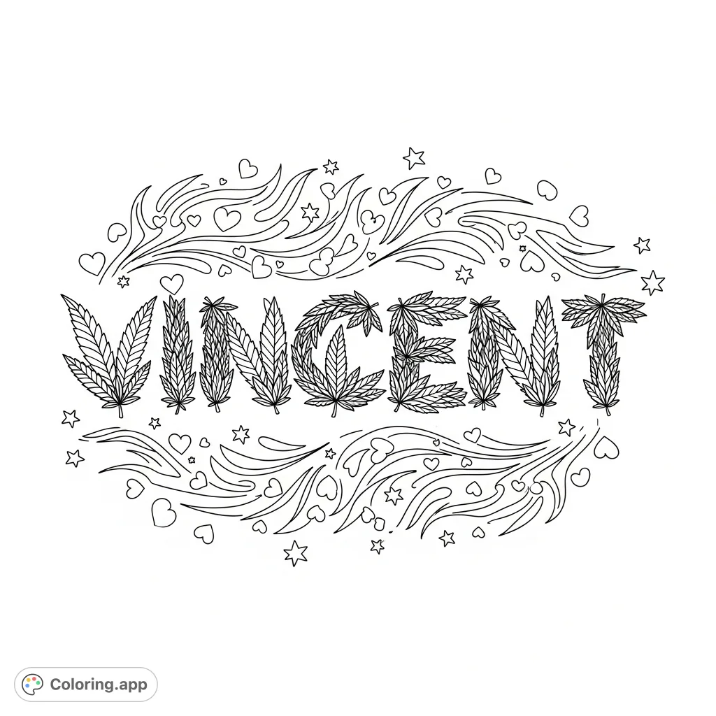 A unique adult coloring page featuring the name 'Vincent' crafted from marijuana leaves, surrounded by delicate hearts, stylized flames, and sparkling stars.