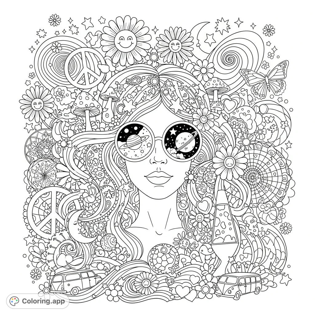 Immerse yourself in a 70s psychedelic art coloring page featuring a groovy woman amidst swirling patterns, cosmic reflections, and iconic flower-power symbols.