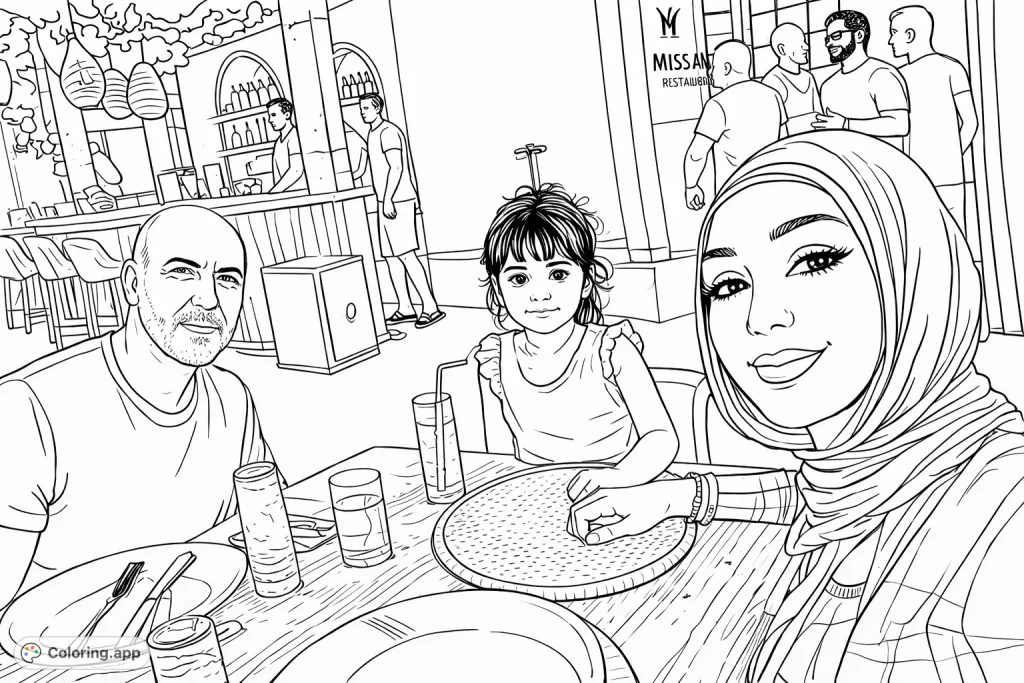 A family enjoying a meal at an outdoor cafe with drinks and happy expressions, surrounded by a lively casual atmosphere.