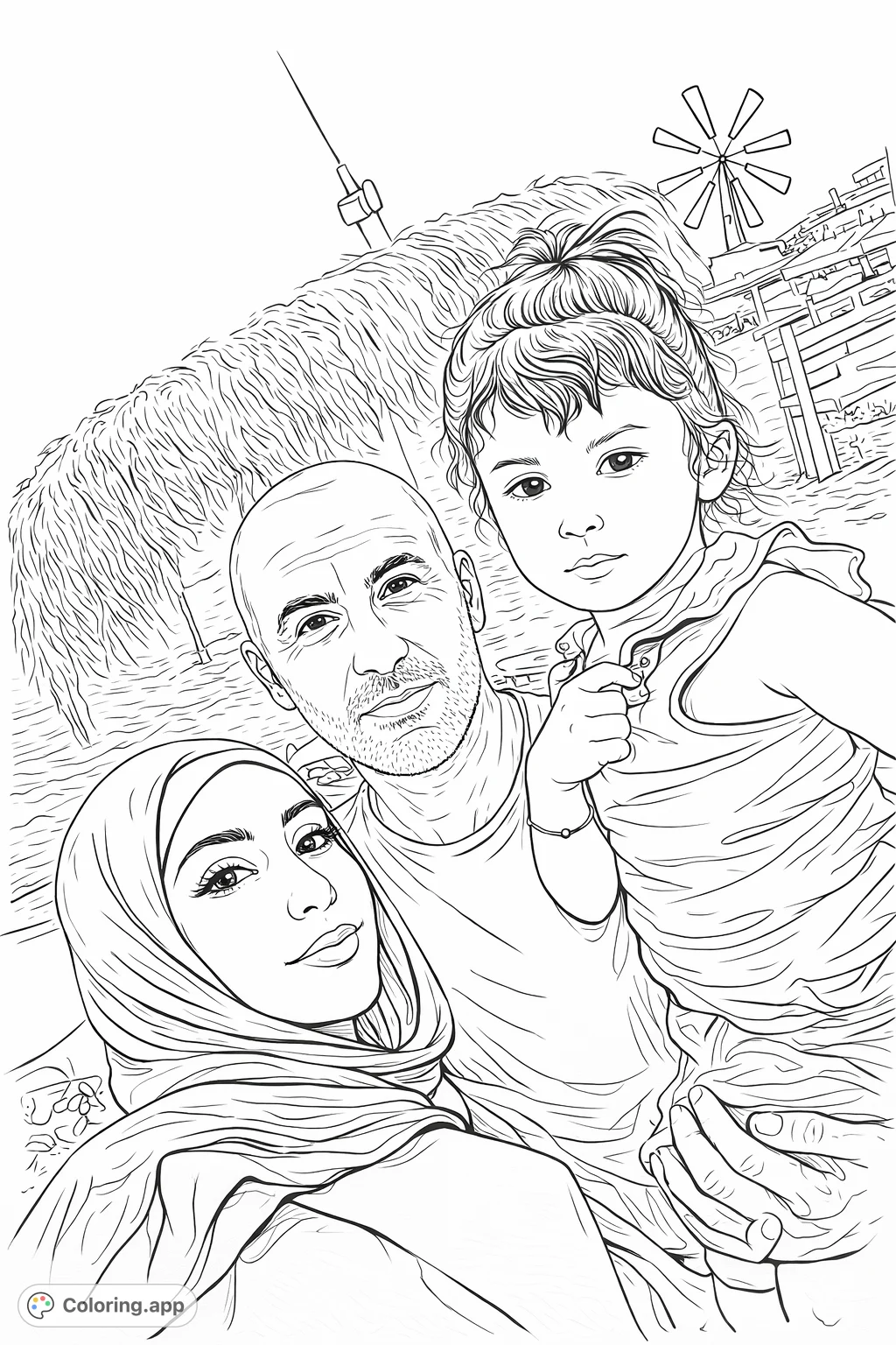 Capture a heartwarming family moment at the beach with this free printable family beach coloring page. Features a mother, father, and child enjoying a coastal setting.