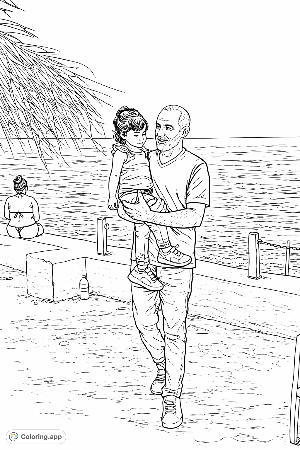 Capture a heartwarming scene of a man holding a young child by the serene seaside, featuring tranquil waters, a bright sky, and textured elements.