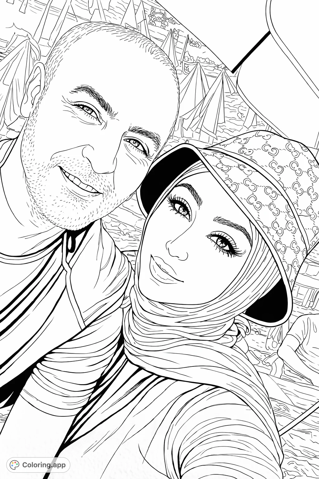 Capture a relaxed moment with this charming couple's portrait. Featuring a man smiling and a woman with a stylish hat and head covering.