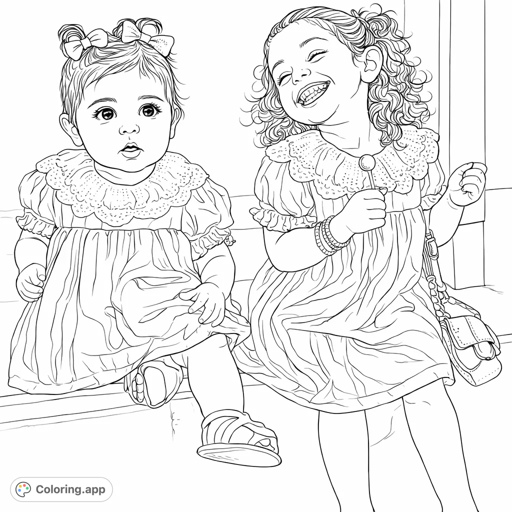 A heartwarming scene featuring two young sisters, one a baby and one a toddler, sitting together. Adorned in charming dresses with lace collars, they offer a delightful coloring experience.