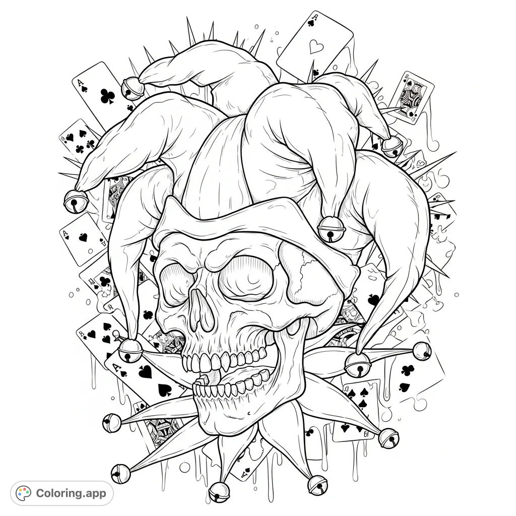 Dive into a whimsical yet edgy design featuring a detailed jester skull, adorned with a pointed hat, scattered playing cards, and abstract splatters. A unique challenge!