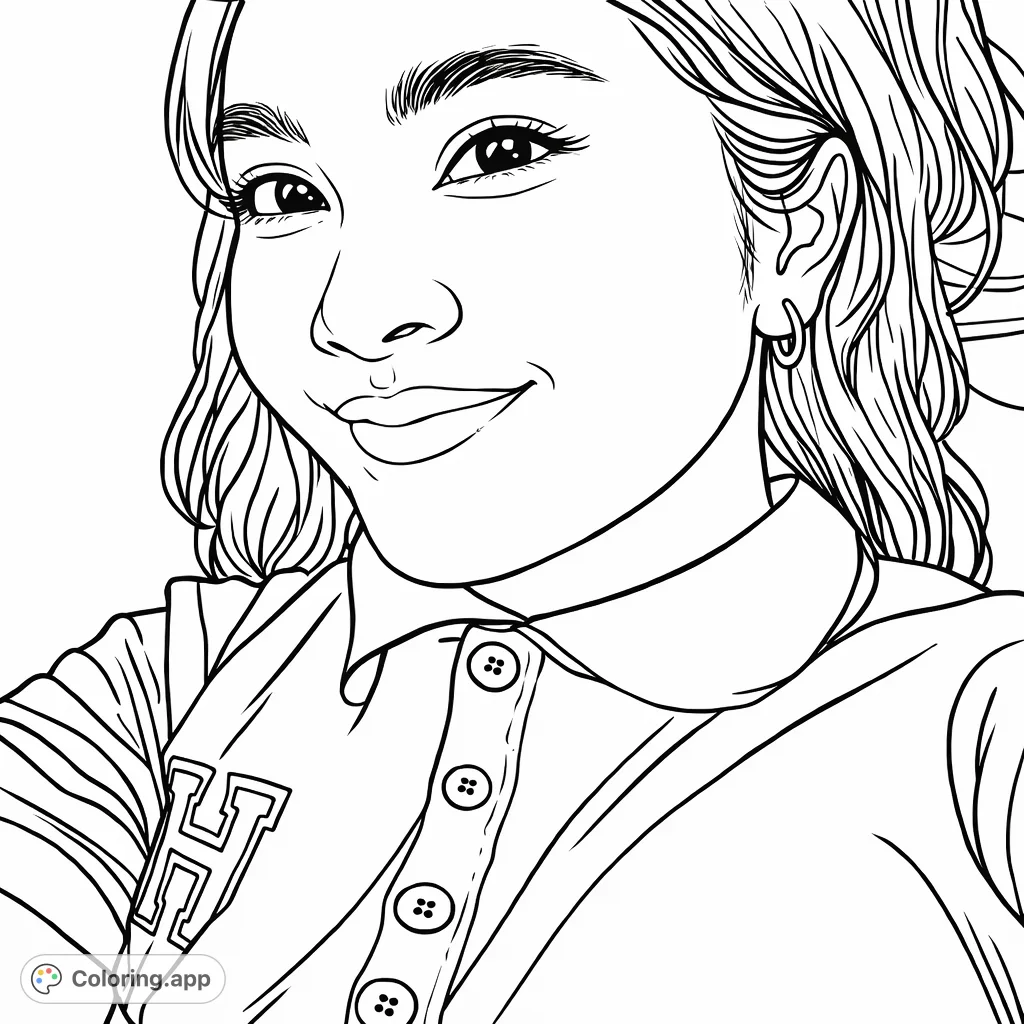 A charming portrait of a smiling young woman wearing a collared shirt with buttons and a decorative patch. Expressive eyes and a gentle smile invite creativity.