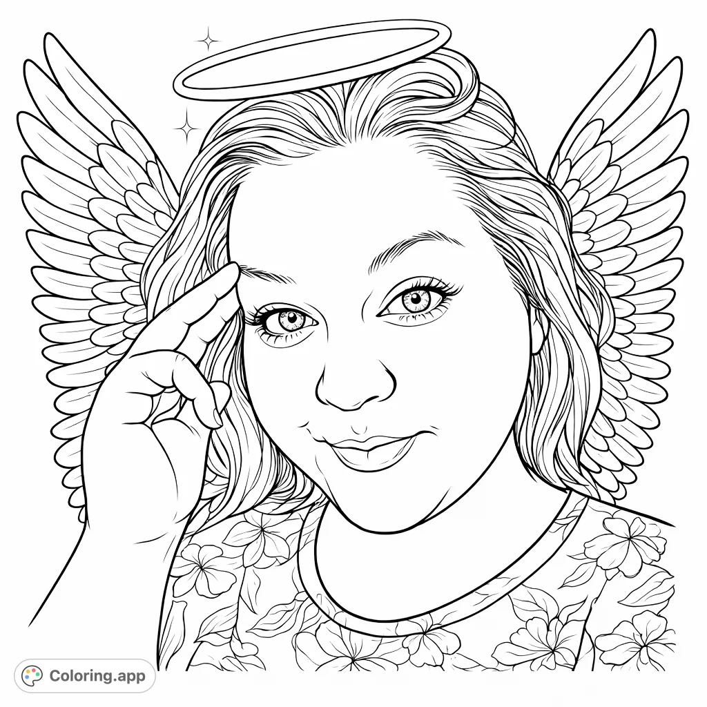 Color a captivating angelic portrait featuring a woman with feathered wings, a luminous halo, and intricate floral patterns. A delightful fantasy coloring page.