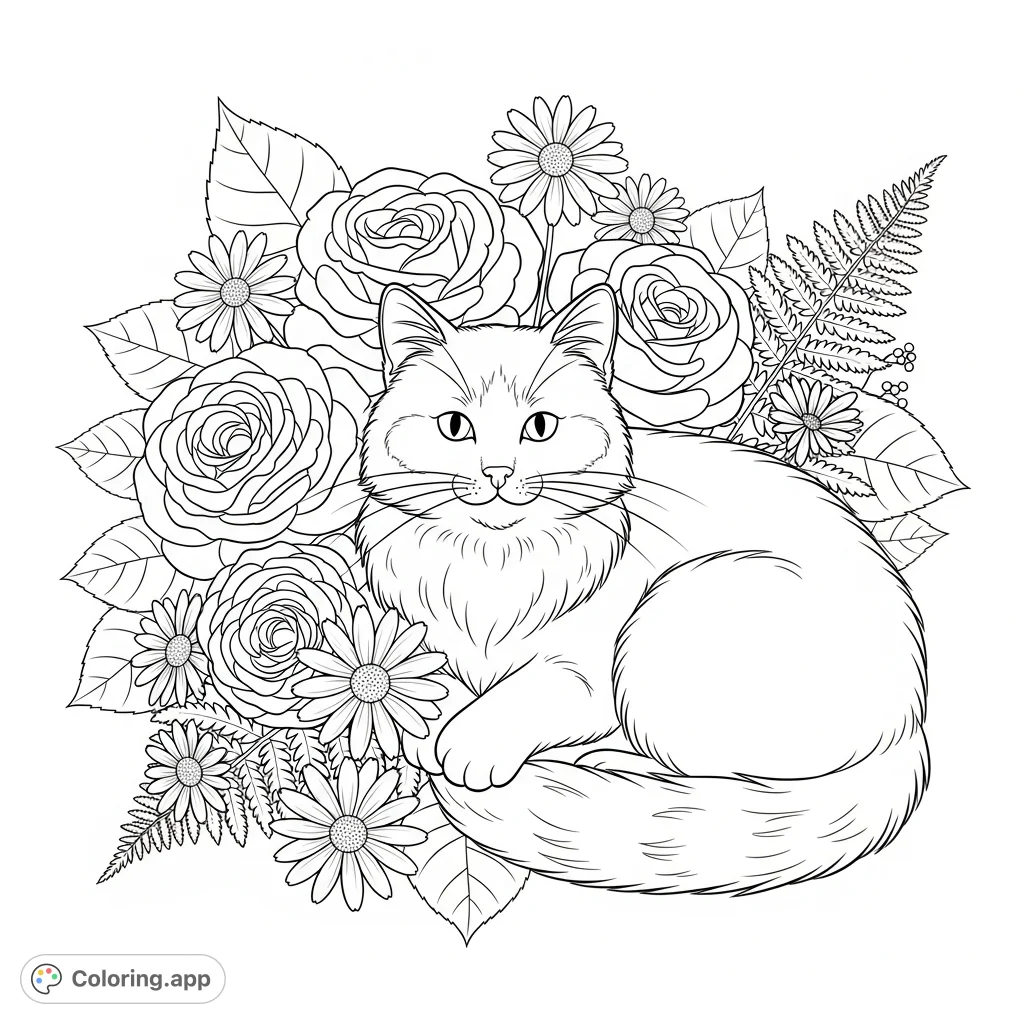 Discover a charming fluffy cat peacefully resting amidst a vibrant bouquet of detailed flowers. A delightful scene for cat and nature lovers to bring to life.