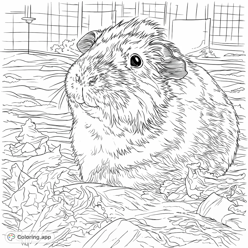 An adorable guinea pig enjoying a leafy snack, surrounded by fresh lettuce. A charming pet coloring page, perfect for animal lovers and relaxation.