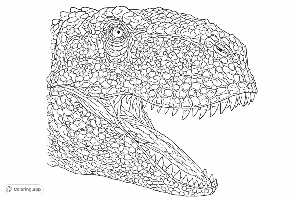 A detailed dinosaur head with a powerful open jaw and sharp teeth, featuring intricate scales for an exciting prehistoric coloring adventure.