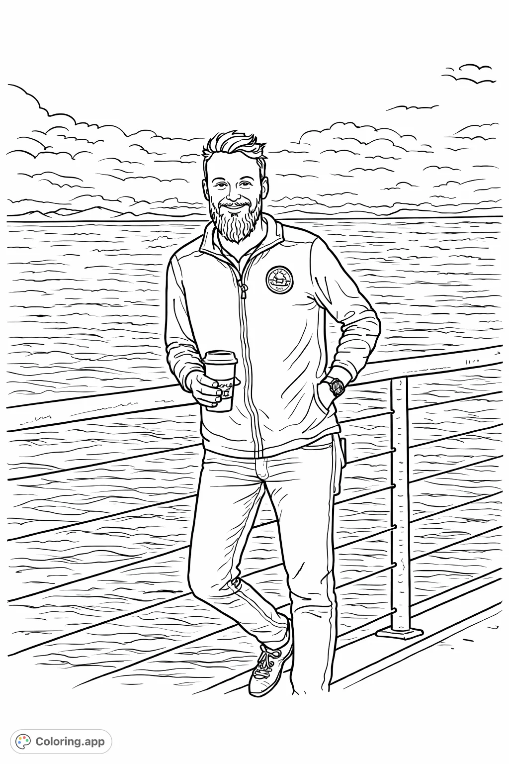 Capture a moment of tranquility with this man by the water's edge coloring page. Features a bearded figure, a distant shoreline, and a serene sky.