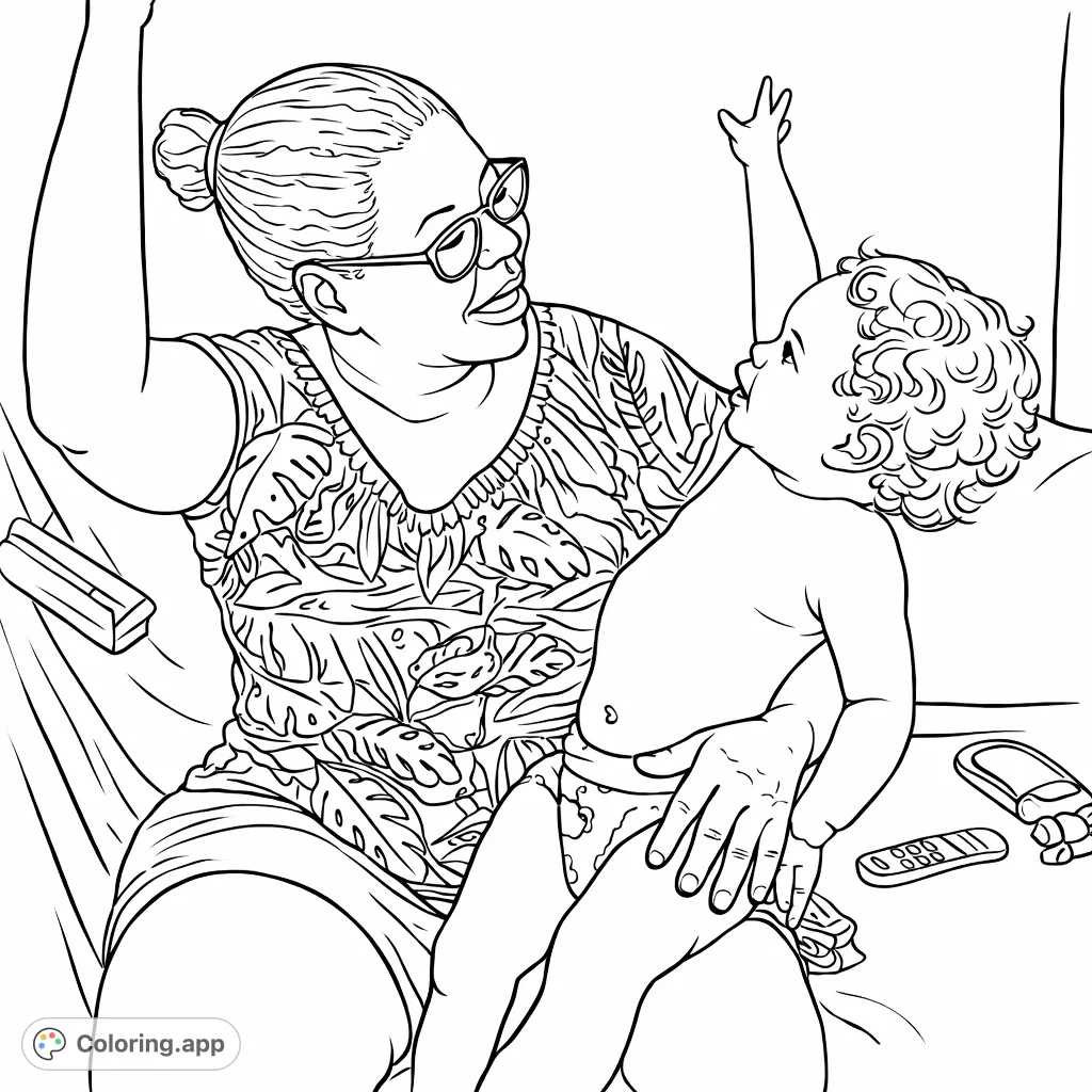 A heartwarming scene of an adult holding a joyful child, both engaging in playful interaction. Ideal for family, love, and connection themed coloring.