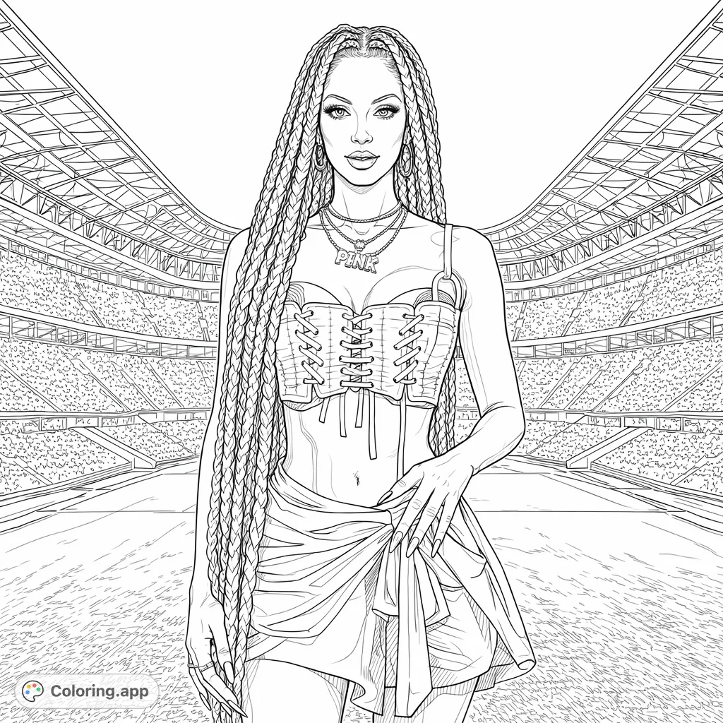A detailed stadium coloring page featuring a pop star with intricate braided hair and fashionable attire, perfect for creative expression and realistic coloring.
