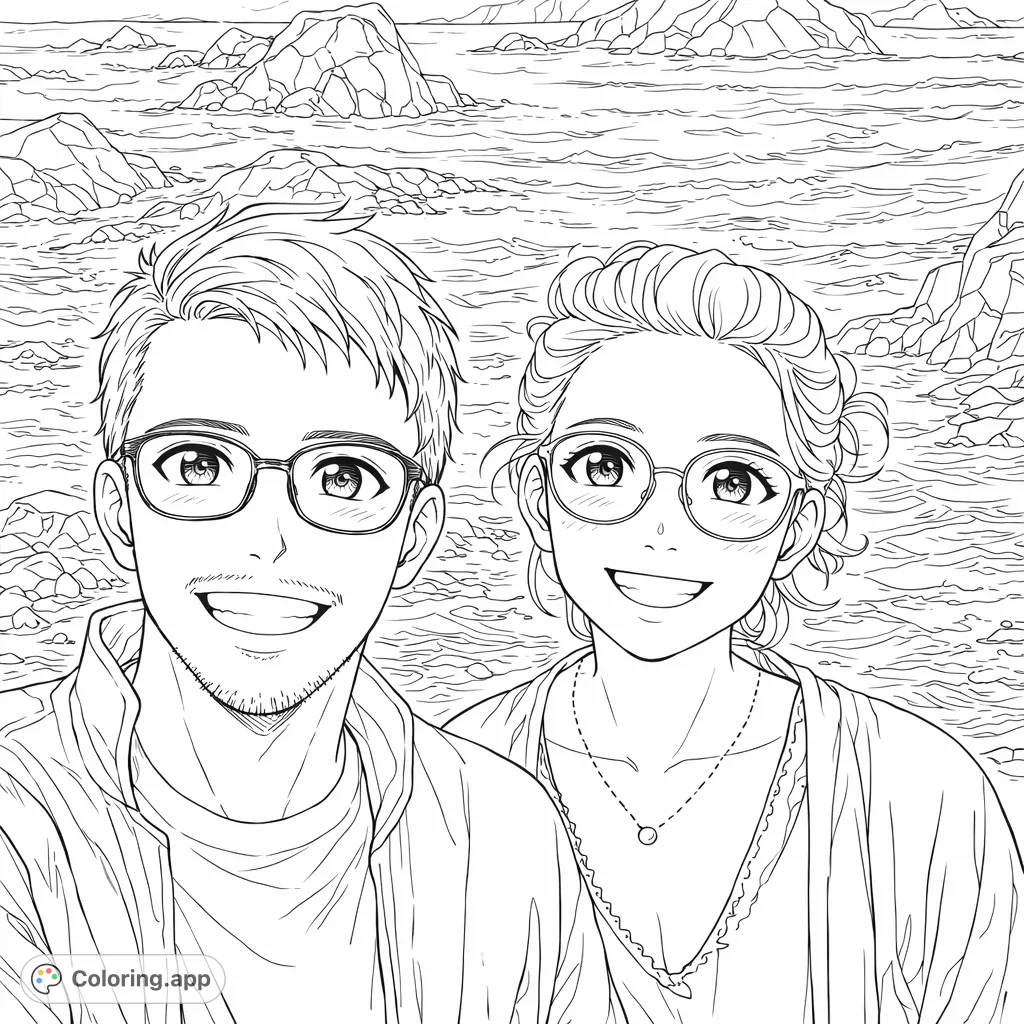 A cheerful couple smiles against a dynamic ocean landscape with rocky outcrops. Perfect for an anime-inspired coloring adventure with intricate details.