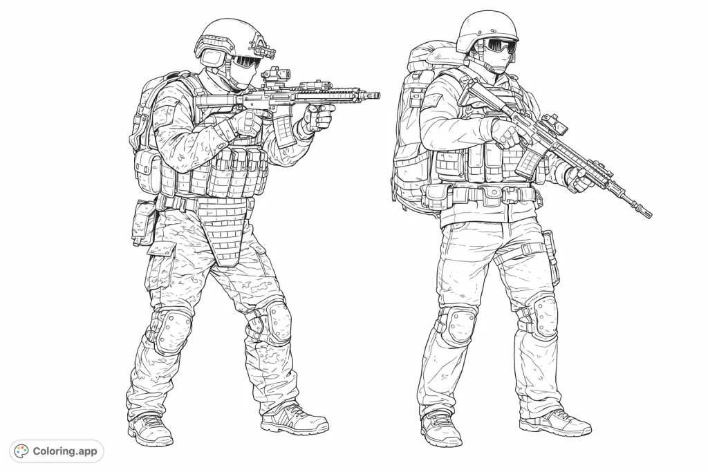 An intricate tactical squad coloring page featuring two highly-equipped operators. Explore complex gear, weaponry, and detailed uniforms for an engaging challenge.