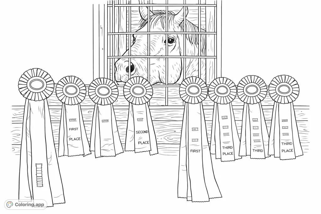 Capture the excitement of an equestrian event with this horse and its impressive array of award ribbons, ready for your creative touch.