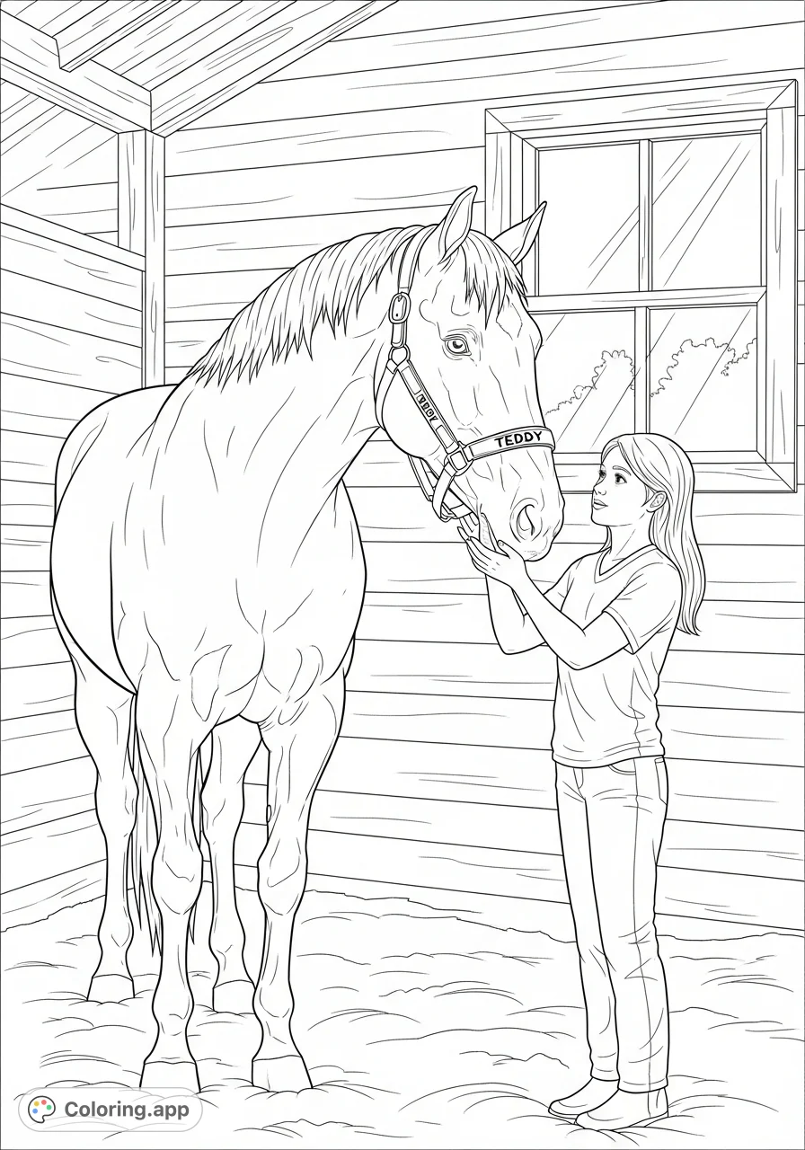 Discover a heartwarming horse in barn coloring page featuring a gentle horse named Teddy and a young girl. Perfect for animal lovers and farm enthusiasts!