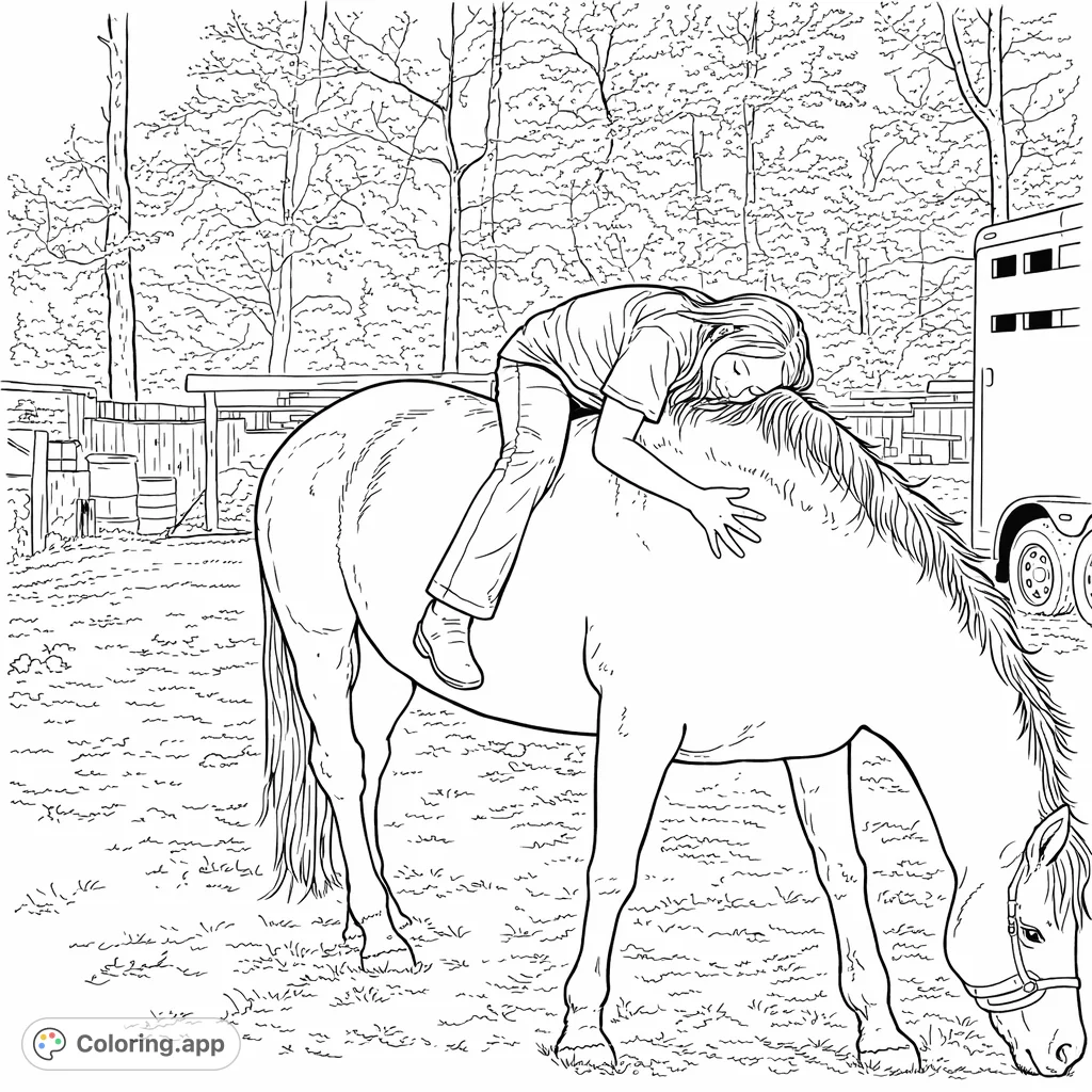 Capture a tender bond as a person rests on a gentle horse amidst a natural outdoor setting. A heartwarming scene ready for your creative touch.
