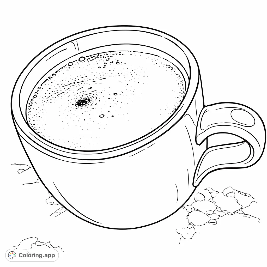 A detailed coloring page featuring a cozy mug filled with a frothy beverage, resting on a textured surface. Perfect for a relaxing coloring experience.