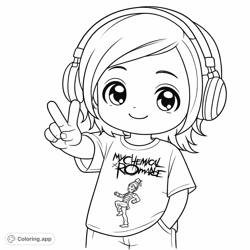 An adorable chibi character with headphones makes a peace sign, wearing a band-themed shirt. Perfect for music lovers and cute character fans.