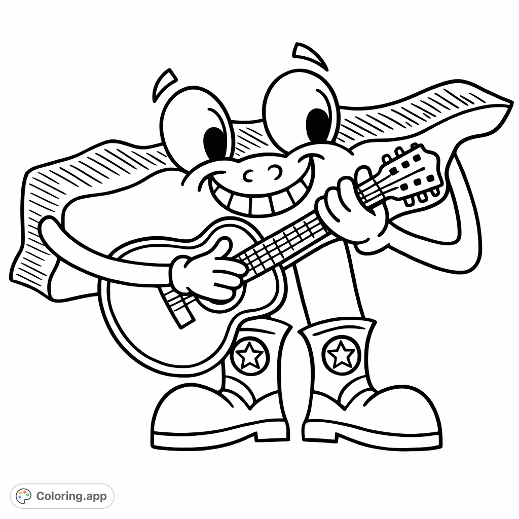 A fun cartoon character strums an acoustic guitar, wearing patterned boots. Perfect for a joyful music-themed coloring adventure for all ages.