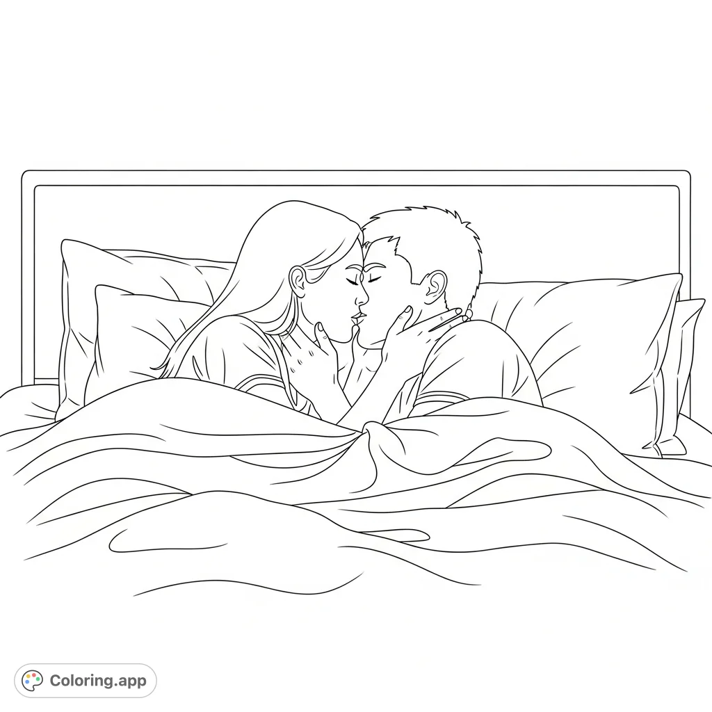 Capture a tender moment: a couple sharing a gentle kiss in bed, surrounded by soft bedding. An intimate scene for thoughtful adult coloring.