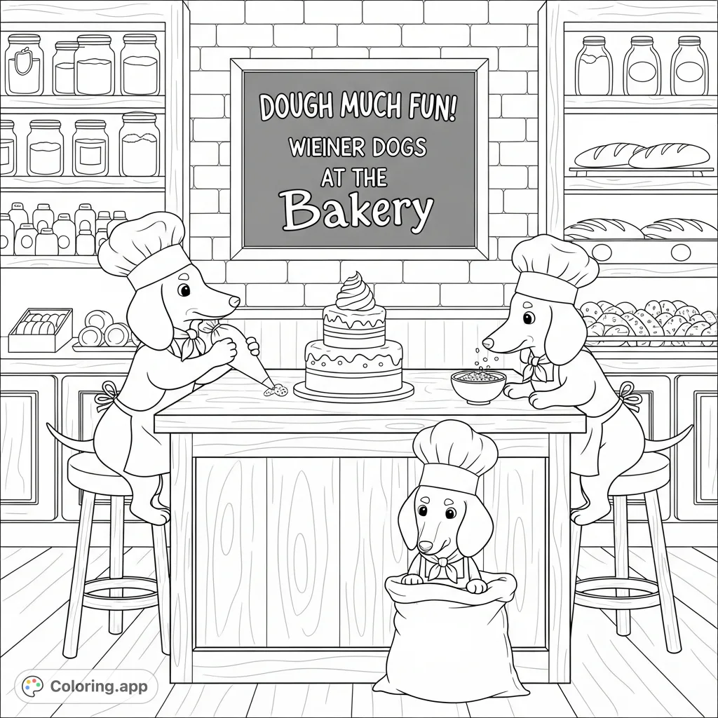 Step into a whimsical bakery! Adorable Wiener Dogs bake and decorate cakes, creating a charming scene perfect for a delightful coloring adventure.