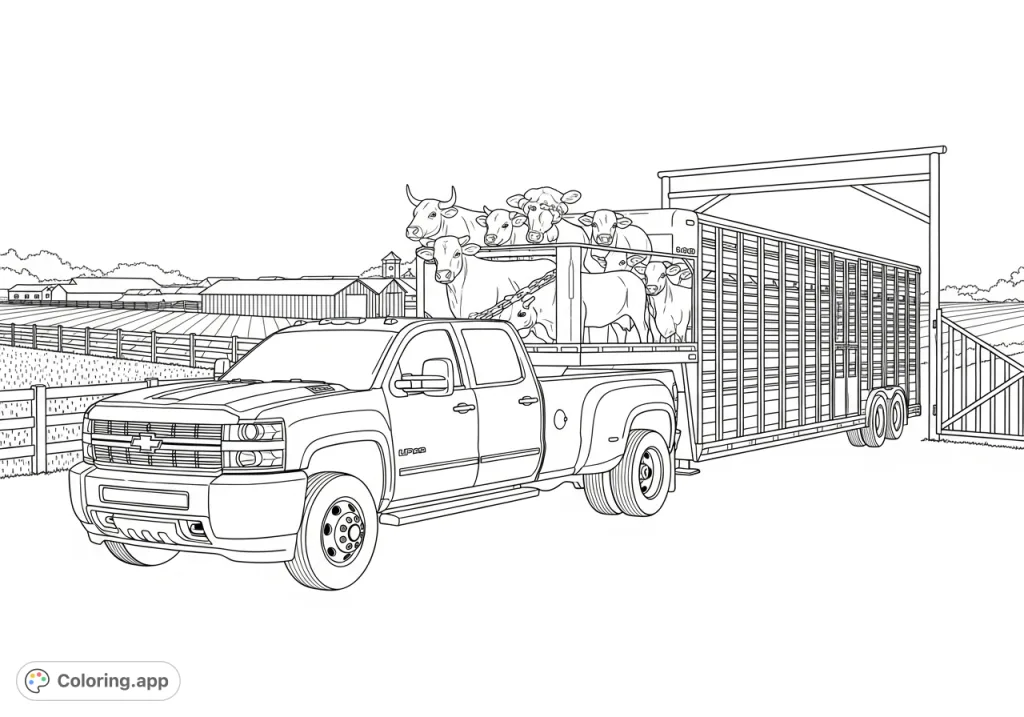 Experience the might of a Chevy LP5 Duramax dually hauling cattle into a mega farm in this detailed coloring page, perfect for farm and truck enthusiasts.