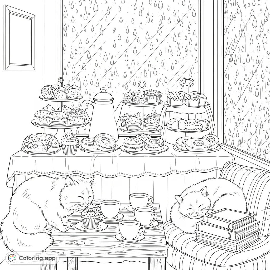 Explore a charming cat café with fluffy felines, delectable pastries, a steaming coffee pot, and rain-kissed windows. A delightful scene for creative coloring.