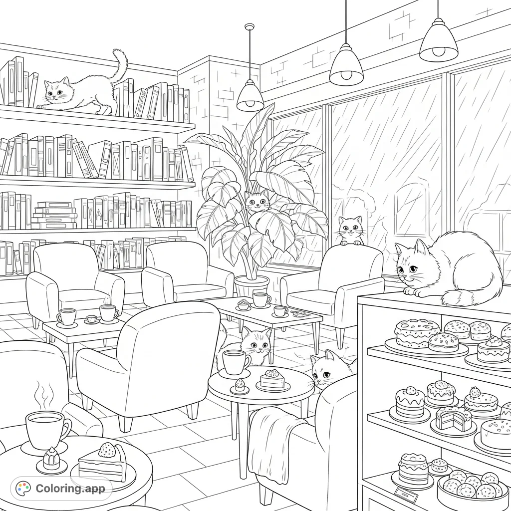 Step into a charming cat café, where fluffy felines, warm drinks, and tasty pastries await, all framed by a rainy window view. A delightful scene for animal lovers!