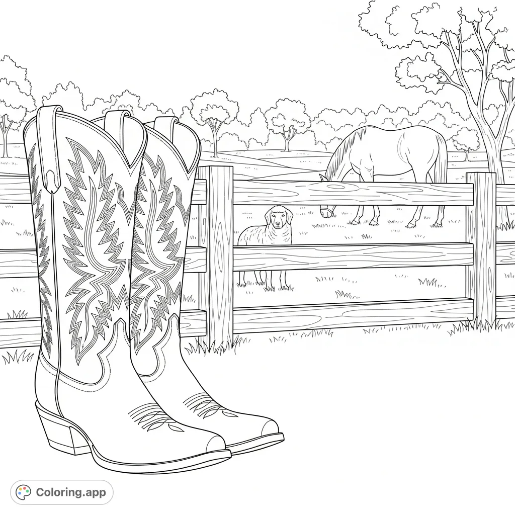 Saddle up for a coloring adventure with classic cowboy western boots, a friendly sheepdog, and a majestic horse in a charming farm or rodeo setting.