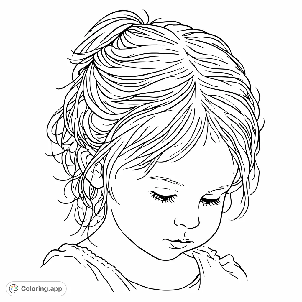 A heartwarming portrait of a young child with a gentle, downcast gaze, perfect for inspiring tender moments of creativity. A simple, sweet design.