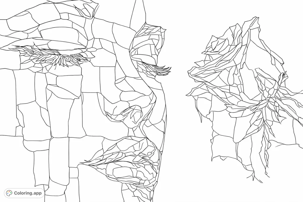 Explore an expressive abstract portrait alongside a delicate rose in this unique coloring page. Abstract shapes invite creative interpretation for a captivating experience.