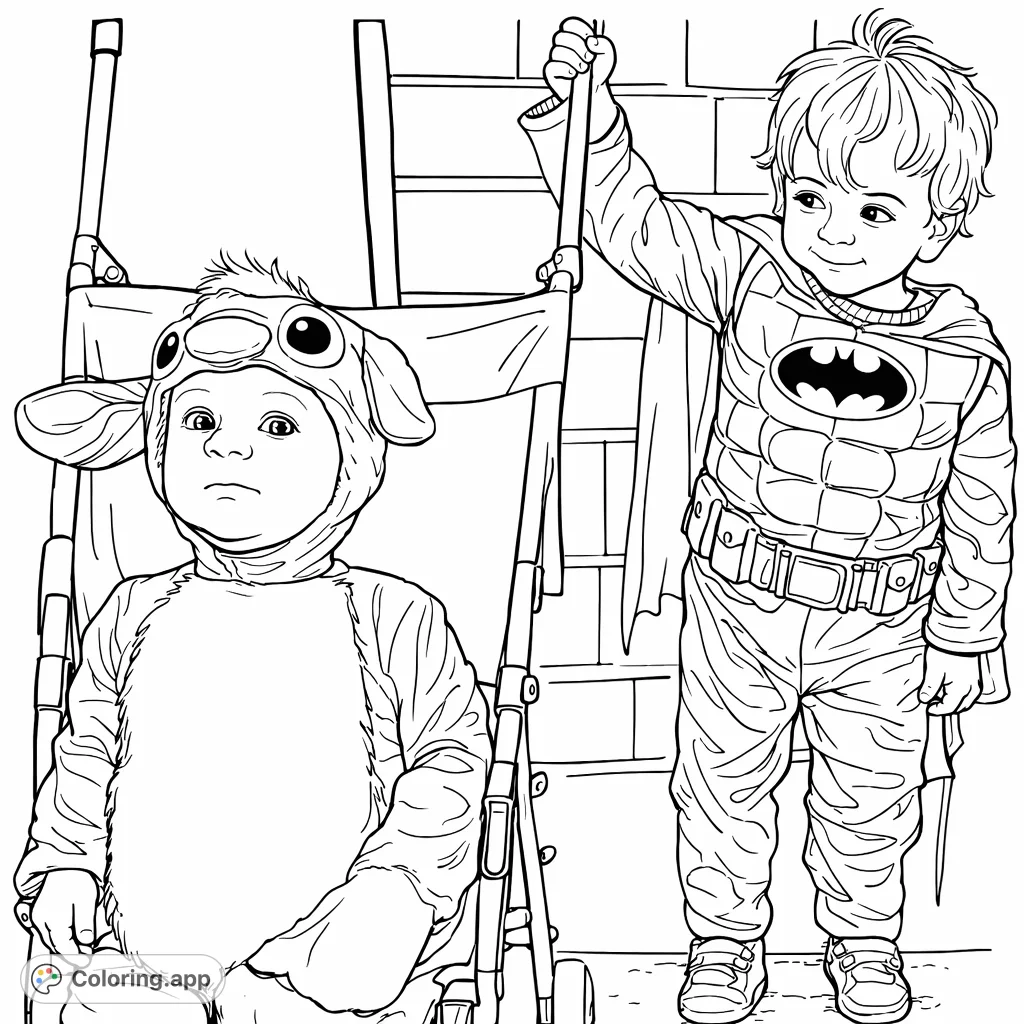 Two adorable children in superhero and creature costumes ready for imaginative play. This fun coloring page captures their playful spirit against a simple backdrop.