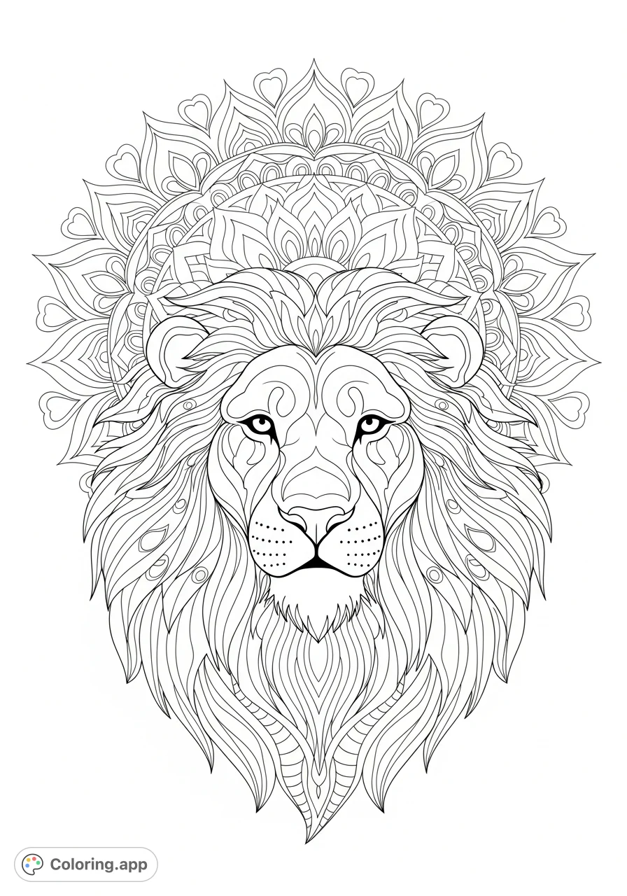 An intricate lion's head coloring page where its majestic mane transforms into a detailed mandala of geometric and floral patterns. Perfect for mindful coloring.