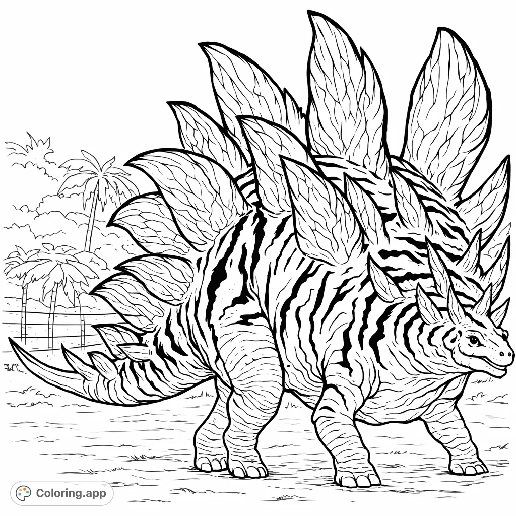 Explore a unique striped dinosaur coloring page. Features a majestic Stegosaurus with patterned plates and tail spikes, set in a tropical scene.