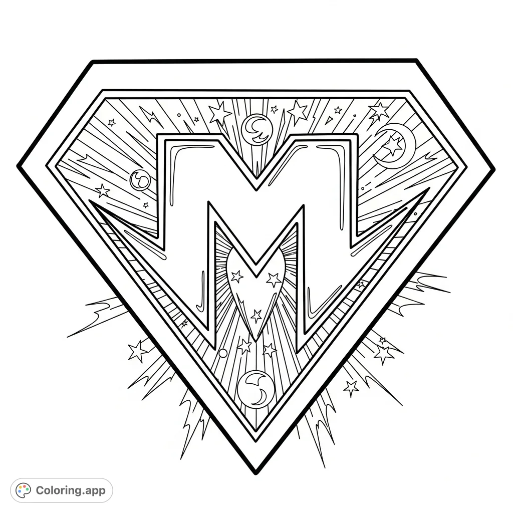 Unleash your creativity with this iconic superhero 'M' emblem coloring page. A bold diamond shape with a stylized 'M' offers large, distinct areas for vibrant coloring.