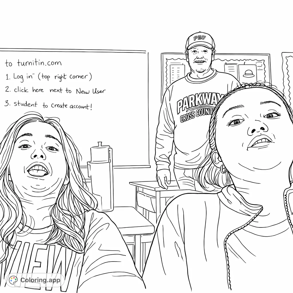 Lively classroom scene with two students and a teacher. Humorous expressions, detailed whiteboard and bulletin board background.