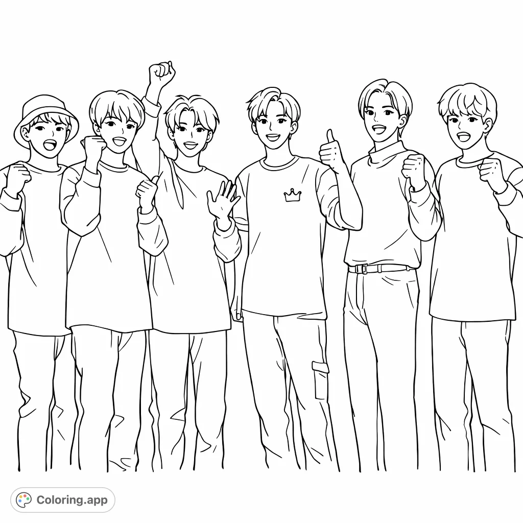 Six dynamic individuals pose together with energetic expressions, celebrating unity. A perfect group coloring page for fans, showcasing friendship and teamwork.
