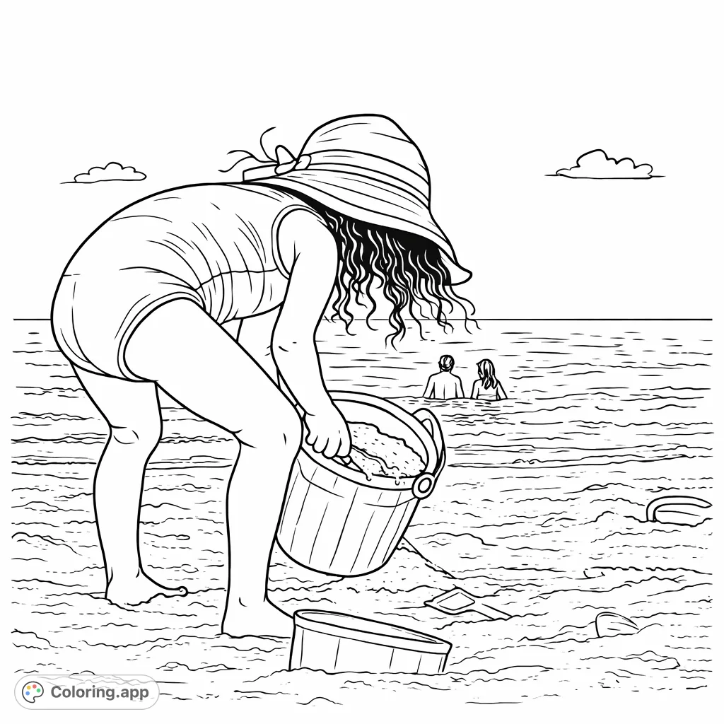 A joyful child crouches on a sunny beach, playing with sand and a bucket by the ocean. This free printable beach coloring page is perfect for summer fun and creative expression.