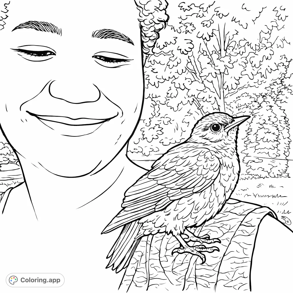 Discover this heartwarming coloring page featuring a person gently smiling as a small, curious bird rests on their shoulder. A serene moment in nature awaits your creative touch.