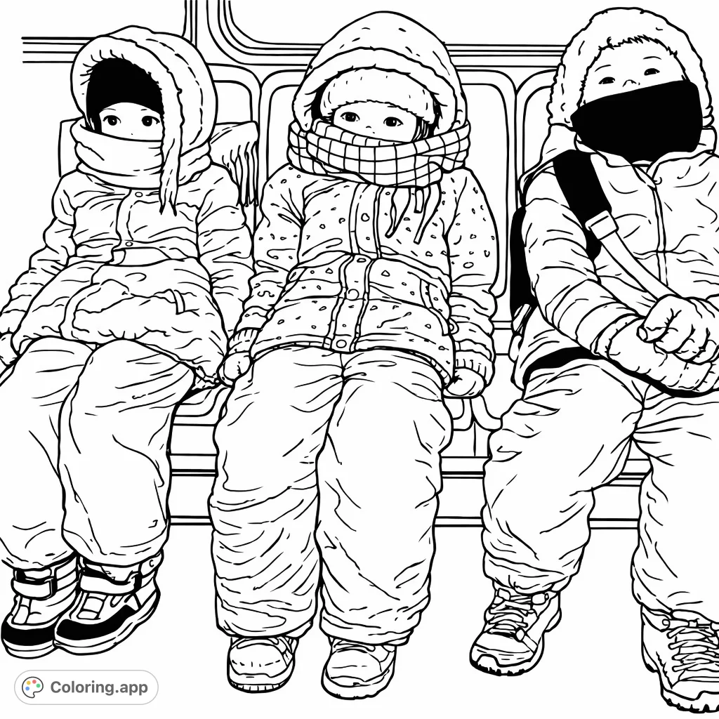 Three children bundled in cozy winter gear sit together on a journey, ready for a creative splash of imagination. Perfect for winter-themed fun!