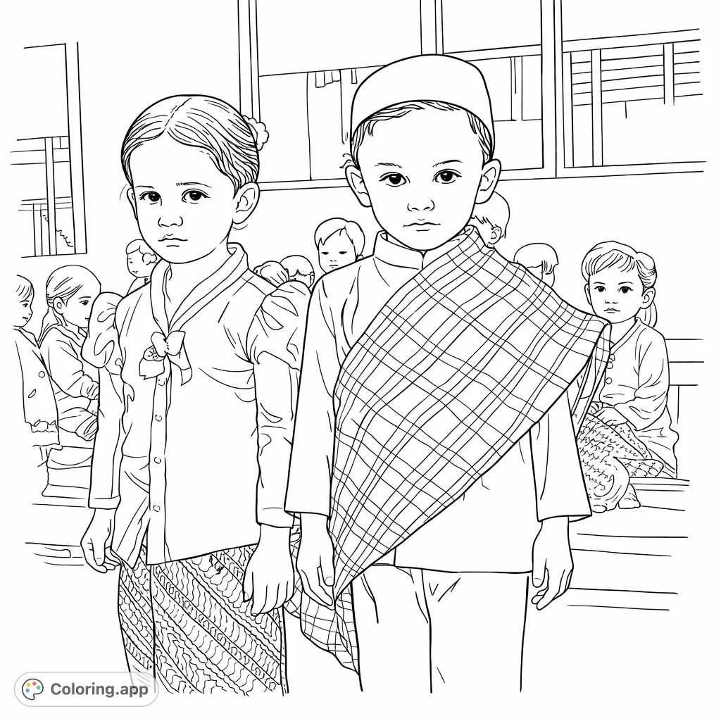 Capture the charm of two children in traditional festive clothing, featuring detailed patterns and cultural elements. Perfect for celebrating heritage.